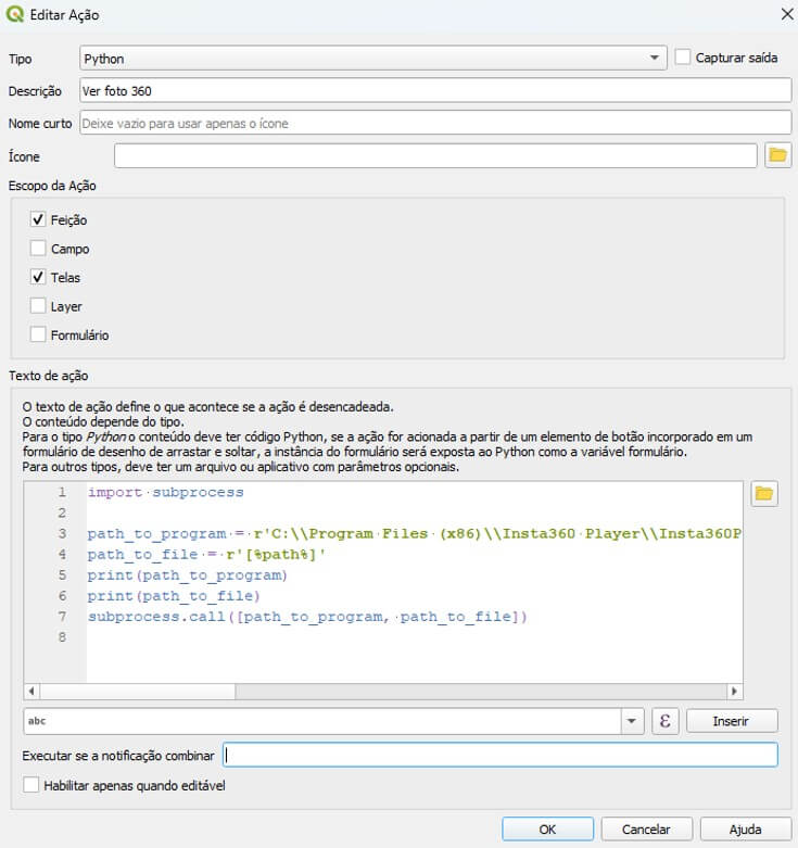 Editar Ação Python no QGIS