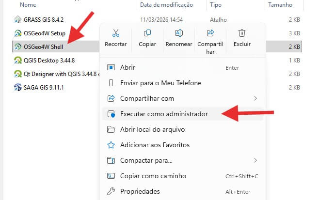osgeo shell executar como administrador