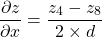 \begin{equation*}  \frac{\partial z}{\partial x}=\frac{z_4-z_8}{2\times d} \end{equation*}