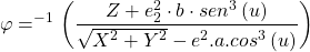 \begin{equation*}  \varphi=\tg^{-1}{\left(\frac{Z+e_2^2\cdot b\cdot sen^3\left(u\right)}{\sqrt{X^2+Y^2}-e^2.a.cos^3\left(u\right)}\right)} \end{equation*}