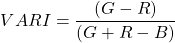 \begin{equation*}  VARI=\frac{(G-R)}{(G+R-B)} \end{equation*}