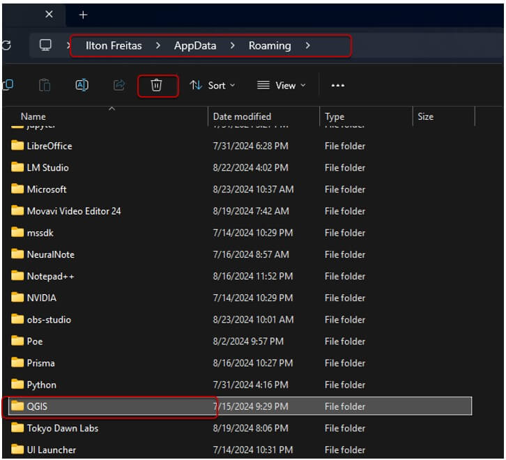 Excluir pastas de usuário QGIS em Roaming