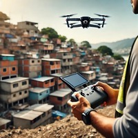 homem segurando um drone com uma cidade no fundo