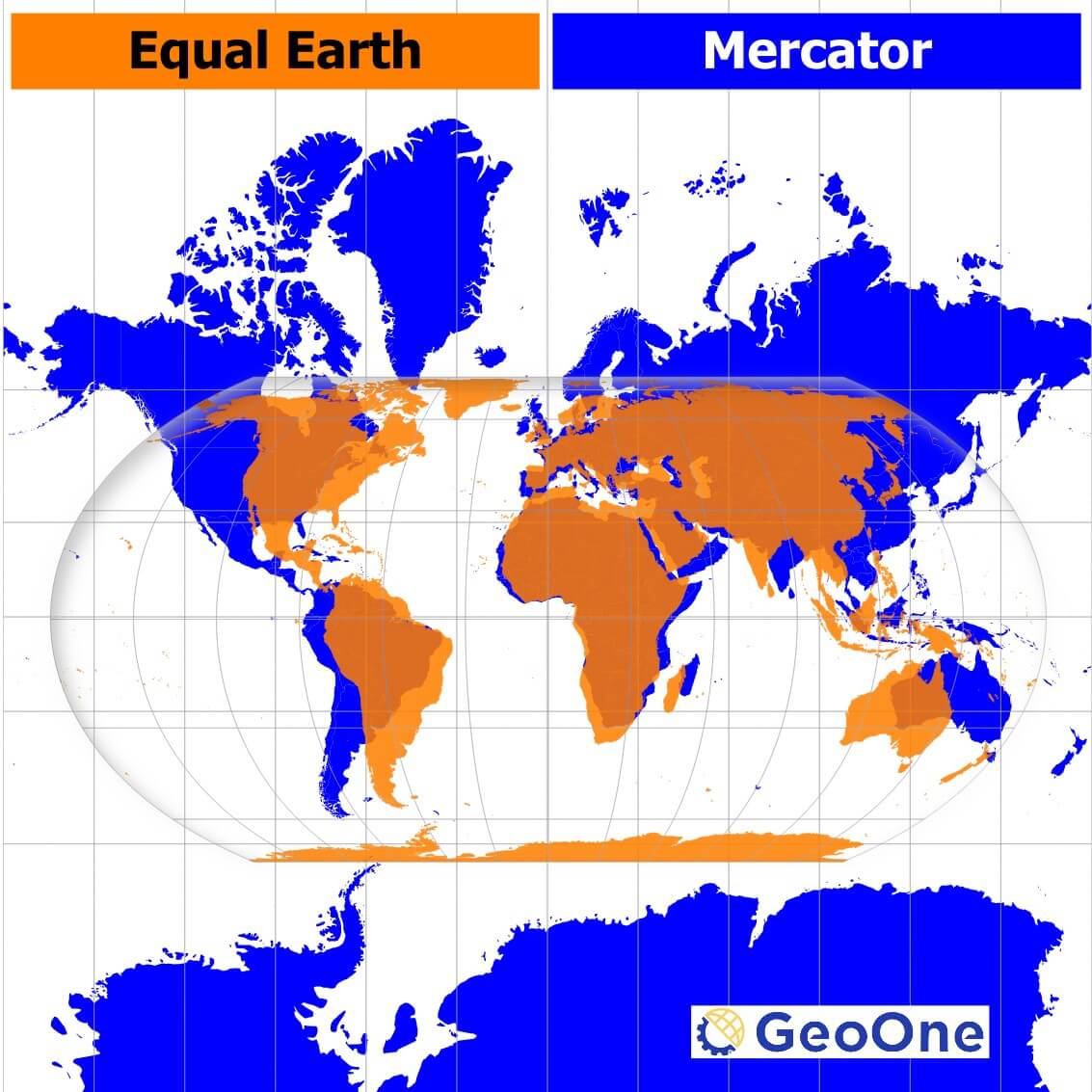 Comparação entre as projeções Equal Earth e Mercator